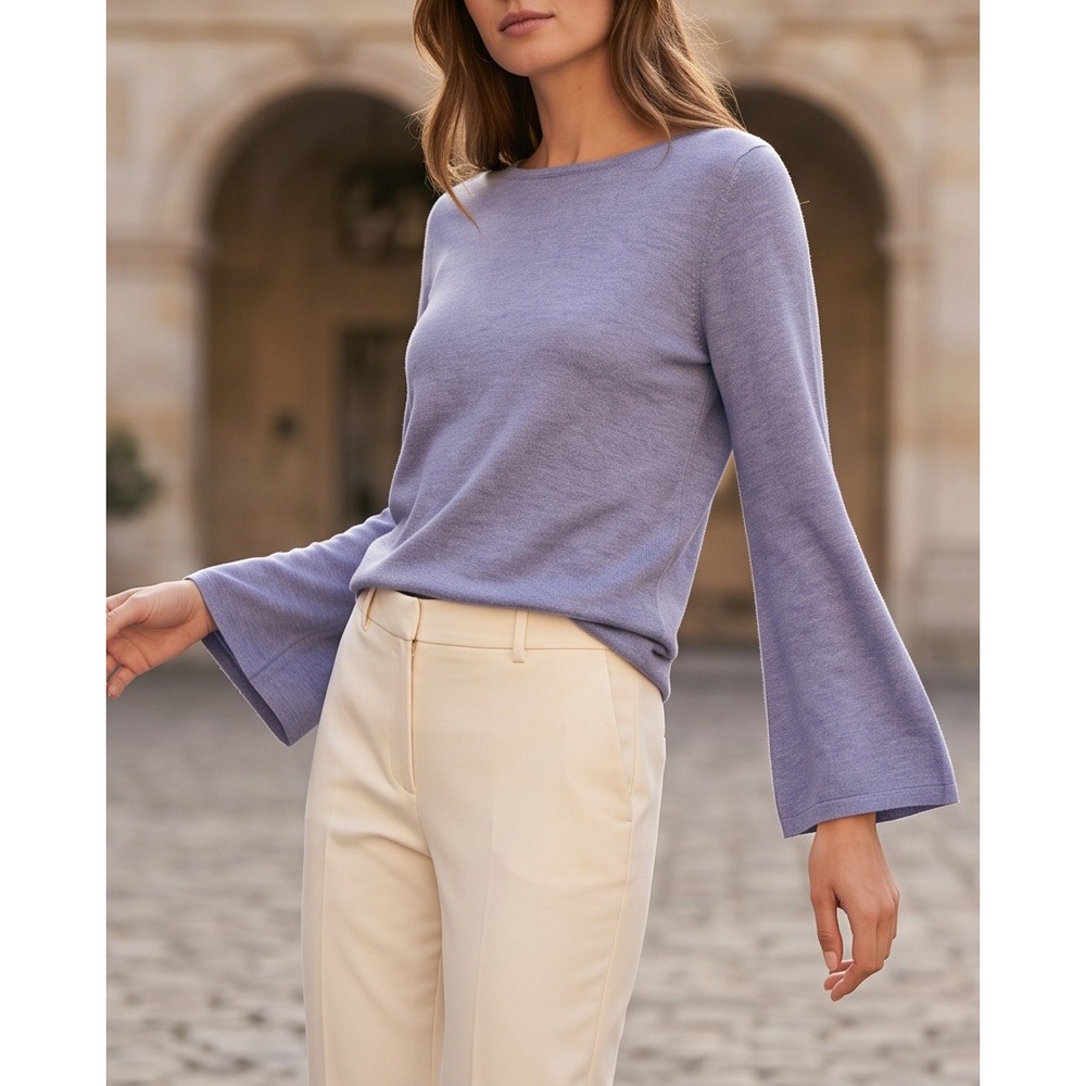 Eileen Fisher M Lavender Blue Tencel Merino Wool Bell Sleeve Knit Top Medium